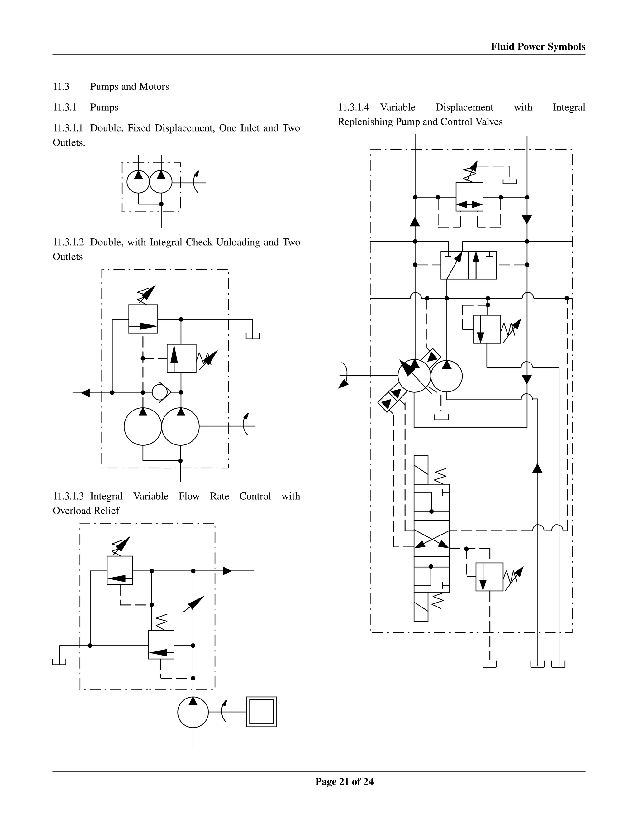 Fluid Power Symbols
11.3 Pumps and Motors
11.3.1 Pumps
11.3.1.1 Double, Fixed Displacement, One Inlet and Two 
Outlets.
11.3.1.2 Double, with Integral Check Unloading and Two 
Outlets
11.3.1.3 Integral   Variable   Flow   Rate   Control   with 
Overload Relief
11.3.1.4 Variable   Displacement   with   Integral 
Replenishing Pump and Control Valves
Page 21 of 24
 