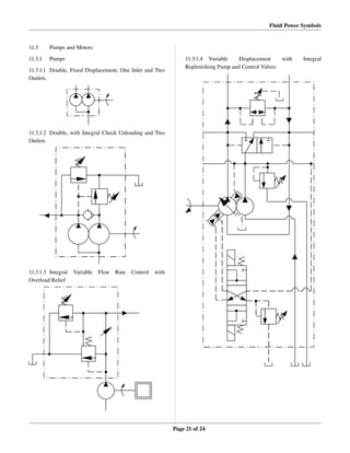 Fluid Power Symbols
11.3 Pumps and Motors
11.3.1 Pumps
11.3.1.1 Double, Fixed Displacement, One Inlet and Two 
Outlets.
11.3.1.2 Double, with Integral Check Unloading and Two 
Outlets
11.3.1.3 Integral   Variable   Flow   Rate   Control   with 
Overload Relief
11.3.1.4 Variable   Displacement   with   Integral 
Replenishing Pump and Control Valves
Page 21 of 24
 