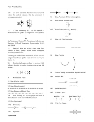 Fluid Power Symbols
2.10 An arrow parallel to the short side of a symbol, 
within   the   symbol,   indicates   that   the   component   is 
pressure compensated.
2.11 A   line   terminating   in   a   dot   to   represent   a 
thermometer is the symbol for temperature cause or effect
See Temperature Controls 7.9.  Temperature indicators and 
Recorders 9.1.2 and Temperature Compensation 10.16.3 
and 10.16.4.
2.12 External   ports   are   located   where   flow   lines 
connect   to   basic   symbol,   except   where   component 
enclosure symbol is used.
External ports are located at intersections of flow lines and 
component enclosure symbol when enclosure is used, see 
Section 11.
2.13 Rotating shafts are symbolized by an arrow which 
indicates direction of rotation (assume arrow on near side 
of shaft).
3. Conductor, Fluid
3.1 Line, Working (main)
3.2 Line, Pilot (for control)
3.3 Line, Exhaust and Liquid Drain
3.4 Line, sensing, etc. such as gauge lines shall be 
drawn the same as the line to which it connects.
3.5 Flow Direction of
3.5.1 Pneumatic
3.5.2 Hydraulic
3.6 Line, Pneumatic (Outlet to Atmosphere).
3.61.1 Plain orifice, unconnectable
3.6.2 Connectable orifice (e.g. Thread)
3.7 Line with Fixed Restriction
3.8 Line, Flexible
3.9 Station, Testing, measurement, or power take­off.
3.9.1 Plugged port.
3.9.2 Quick Disconnect
3.9.3 Without Checks
3.9.4 With Two Checks
Page 4 of 24
DISCONNECTEDCONNECTED
 