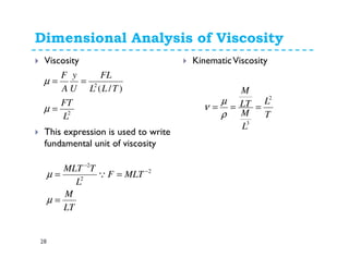 Dimensional Analysis of Viscosity
28
Viscosity
This expression is used to write
fundamental unit of viscosity
KinematicViscosity
2
2
)/(
L
FT
TLL
FL
U
y
A
F
=
==
µ
µ
T
L
L
M
LT
M
2
3
===
ρ
µ
ν
LT
M
MLTF
L
TMLT
=
== −
−
µ
µ 2
2
2
Q
 