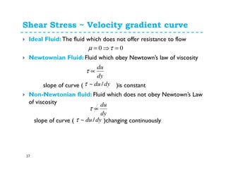 Shear Stress ~ Velocity gradient curve
37
Ideal Fluid: The fluid which does not offer resistance to flow
Newtownian Fluid: Fluid which obey Newtown’s law of viscosity
slope of curve ( )is constant
Non-Newtonian fluid: Fluid which does not obey Newtown’s Law
of viscosity
slope of curve ( )changing continuously
dy
du
∝τ
00 =⇒= τµ
dy
du
∝τ
dydu /~τ
dydu /~τ
 