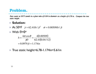 Problem. 2.29
53
Solution:
At 50oF
With θ=0o
True static height=6.78-1.174in=5.61in
( )
( )
inft
D
h
174.10979.0
12/04.041.62
00509.04cos4
==
==
γ
θσ
ftlbftlb /00509.0/41.62 3
== σγ
 