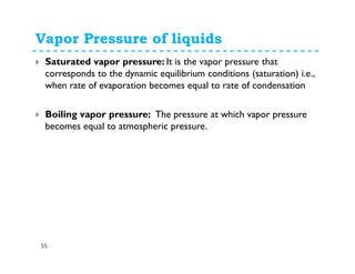 Vapor Pressure of liquids
55
Saturated vapor pressure: It is the vapor pressure that
corresponds to the dynamic equilibrium conditions (saturation) i.e.,
when rate of evaporation becomes equal to rate of condensation
Boiling vapor pressure: The pressure at which vapor pressure
becomes equal to atmospheric pressure.
 