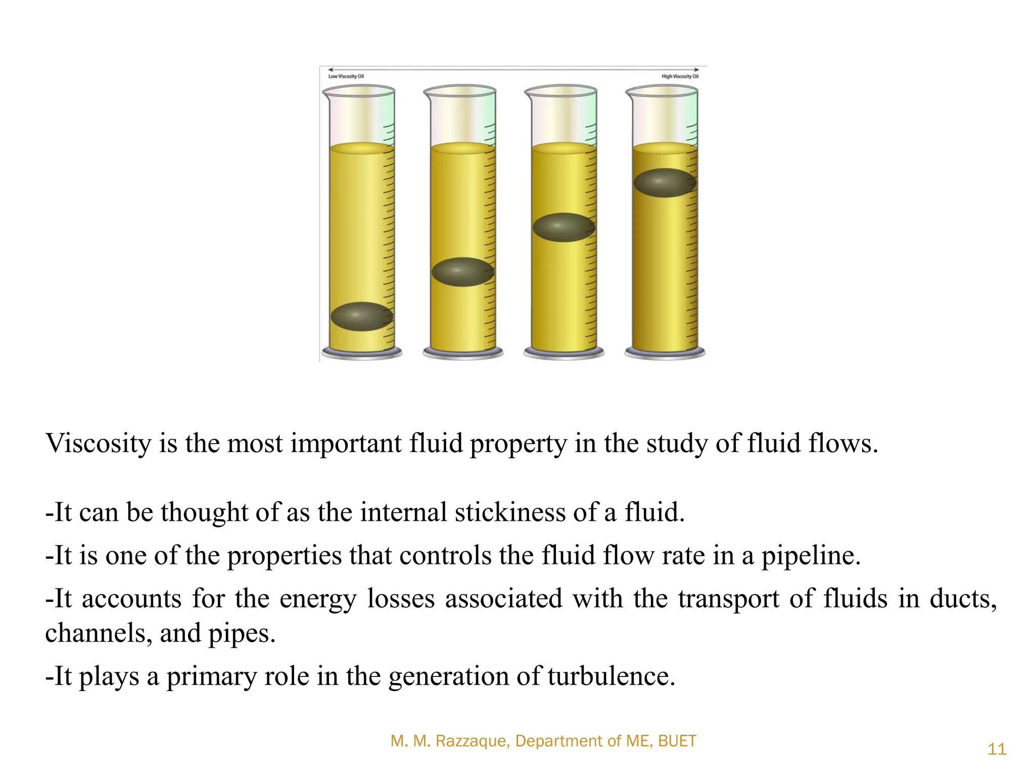 Viscosity is the most important fluid property in the study of fluid flows.
-It can be thought of as the internal stickiness of a fluid.
-It is one of the properties that controls the fluid flow rate in a pipeline.
-It accounts for the energy losses associated with the transport of fluids in ducts,
channels, and pipes.
-It plays a primary role in the generation of turbulence.
M. M. Razzaque, Department of ME, BUET 11
 