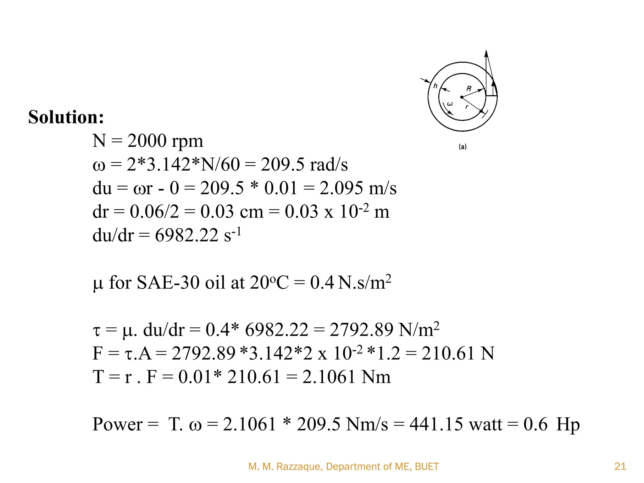 Solution:
N = 2000 rpm
w = 2*3.142*N/60 = 209.5 rad/s
du = wr - 0 = 209.5 * 0.01 = 2.095 m/s
dr = 0.06/2 = 0.03 cm = 0.03 x 10-2 m
du/dr = 6982.22 s-1
m for SAE-30 oil at 20oC = 0.4 N.s/m2
t = m. du/dr = 0.4* 6982.22 = 2792.89 N/m2
F = t.A = 2792.89 *3.142*2 x 10-2 *1.2 = 210.61 N
T = r . F = 0.01* 210.61 = 2.1061 Nm
Power = T. w = 2.1061 * 209.5 Nm/s = 441.15 watt = 0.6 Hp
M. M. Razzaque, Department of ME, BUET 21
 
