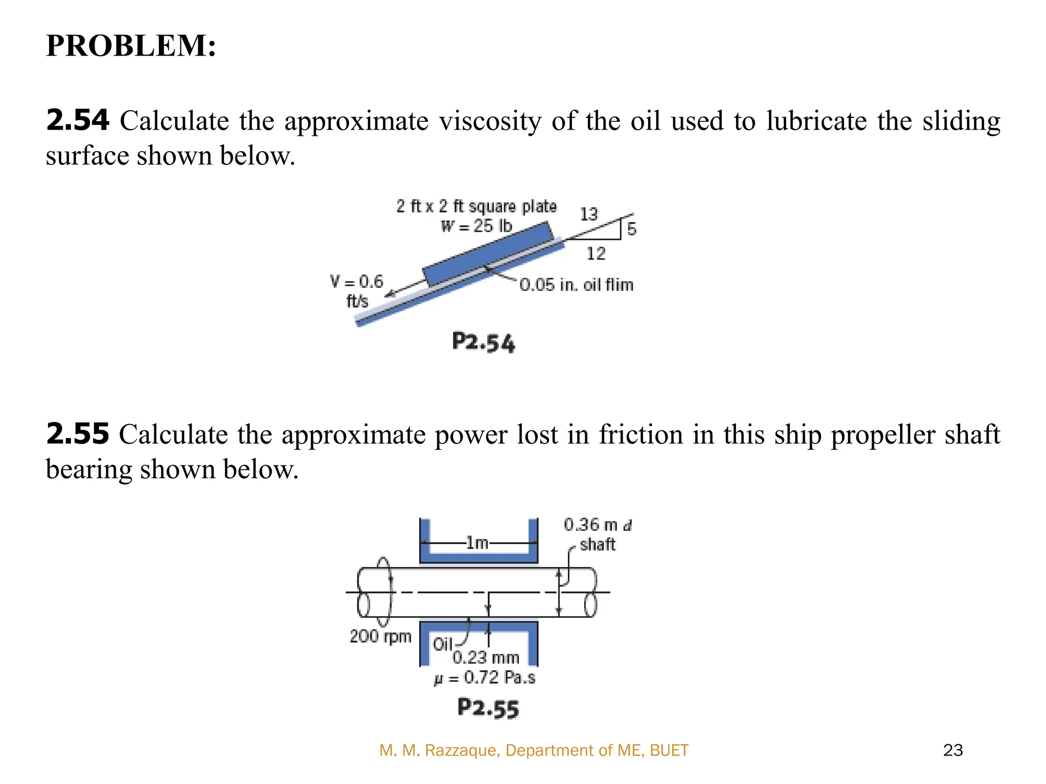 M. M. Razzaque, Department of ME, BUET 23
PROBLEM:
2.54 Calculate the approximate viscosity of the oil used to lubricate the sliding
surface shown below.
2.55 Calculate the approximate power lost in friction in this ship propeller shaft
bearing shown below.
 