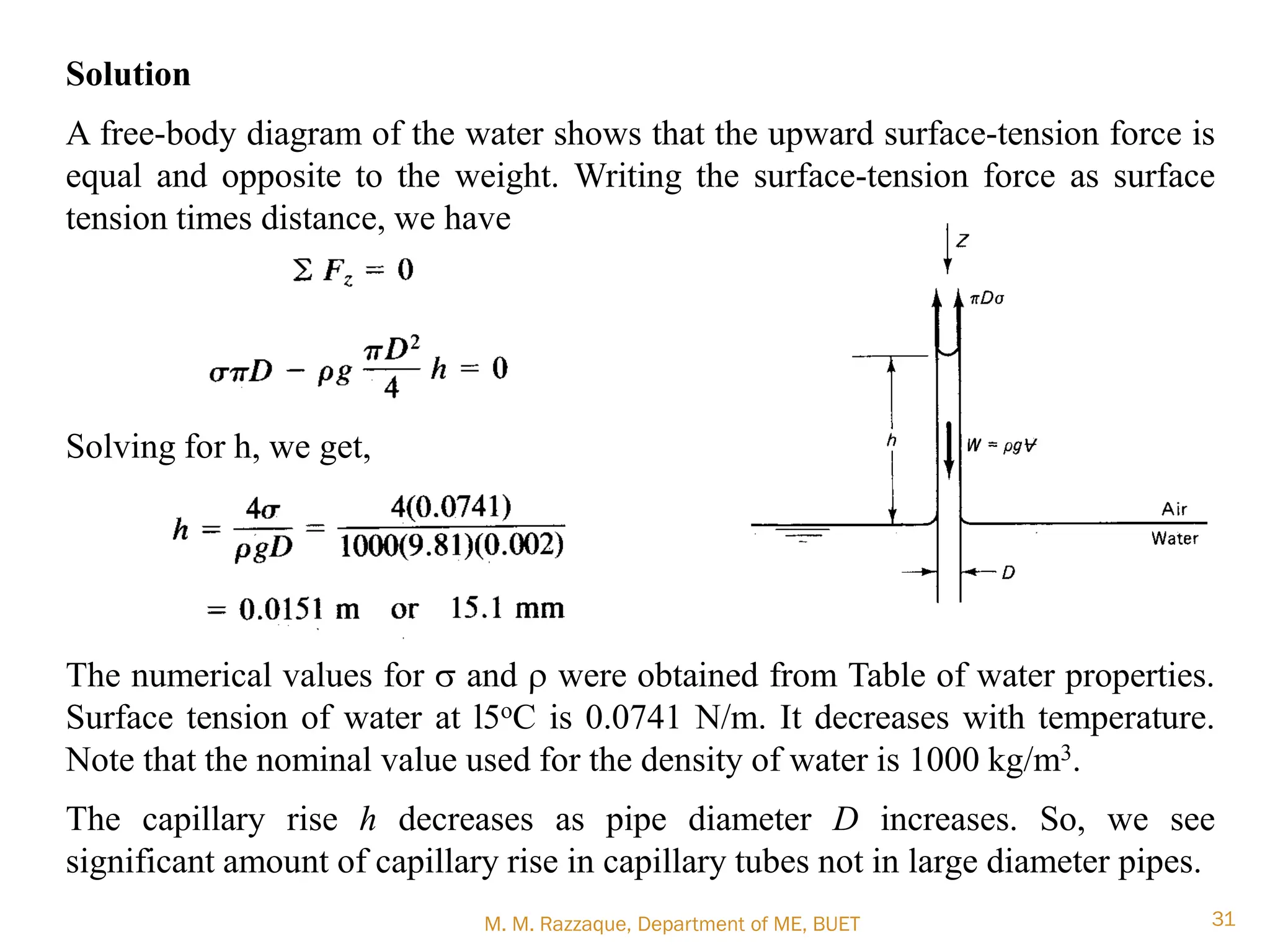 M. M. Razzaque, Department of ME, BUET 31
Solution
A free-body diagram of the water shows that the upward surface-tension force is
equal and opposite to the weight. Writing the surface-tension force as surface
tension times distance, we have
Solving for h, we get,
The numerical values for s and r were obtained from Table of water properties.
Surface tension of water at l5oC is 0.0741 N/m. It decreases with temperature.
Note that the nominal value used for the density of water is 1000 kg/m3.
The capillary rise h decreases as pipe diameter D increases. So, we see
significant amount of capillary rise in capillary tubes not in large diameter pipes.
 