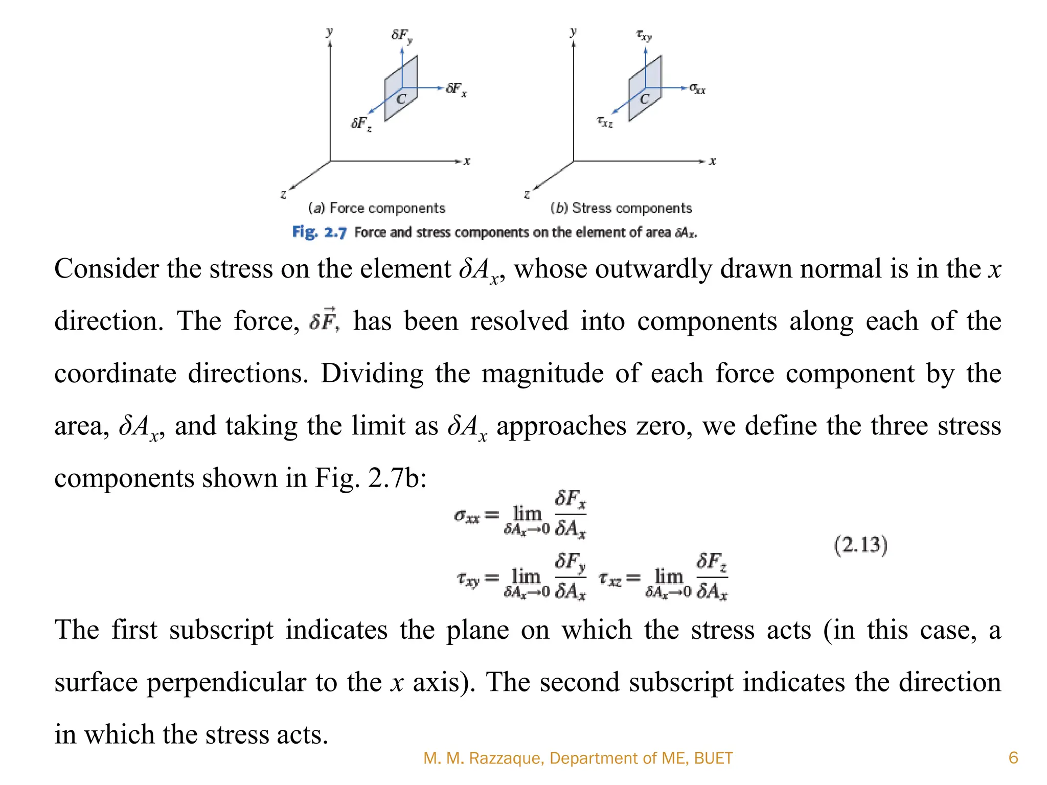 M. M. Razzaque, Department of ME, BUET 6
Consider the stress on the element δAx, whose outwardly drawn normal is in the x
direction. The force, δF has been resolved into components along each of the
coordinate directions. Dividing the magnitude of each force component by the
area, δAx, and taking the limit as δAx approaches zero, we define the three stress
components shown in Fig. 2.7b:
The first subscript indicates the plane on which the stress acts (in this case, a
surface perpendicular to the x axis). The second subscript indicates the direction
in which the stress acts.
 