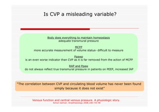 Is CVP a misleading variable?

Body does everything to maintain homeostasis
adequate transmural pressure
MCFP
more accurate measurement of volume status- difficult to measure
Ppawp
is an even worse indicator than CVP as it is far removed from the action of MCFP
RAP and Ppaw
do not always reflect true transmural pressure in patients on PEEP, increased IAP

“The correlation between CVP and circulating blood volume has never been found
simply because it does not exist”

Venous function and central venous pressure. A physiologic story.
Simon Gelman. Anesthesiology 2008;108:735-48

 