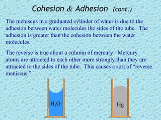 Cohesion & Adhesion                  (cont.)
The meniscus in a graduated cylinder of water is due to the
adhesion between water molecules the sides of the tube. The
adhesion is greater than the cohesion between the water
molecules.
The reverse is true about a column of mercury: Mercury
atoms are attracted to each other more strongly than they are
attracted to the sides of the tube. This causes a sort of “reverse
meniscus.”




                    H2 O                          Hg
 