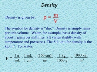 Density

Density is given by:      ρ= m
                             V
The symbol for density is “rho.” Density is simply mass
per unit volume. Water, for example, has a density of
about 1 gram per milliliter. (It varies slightly with
temperature and pressure.) The S.I. unit for density is the
kg / m 3. For water:

   1 g 1 mL (100 cm) 3    1 kg    1000 kg
ρ=     ·     ·         ·        =
   mL 1 cm 3
               m  3
                         1000 g      m3
 