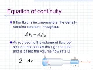 Equation of continuity
If the fluid is incompressible, the density
remains constant throughout
Av represents the volume of fluid per
second that passes through the tube
and is called the volume flow rate Q
2211 vAvA =
AvQ =
 