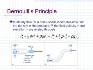 Bernoulli’s Principle
In steady flow for a non-viscous incompressible fluid
the density ρ, the pressure P, the fluid velocity v and
elevation y are related through
2
2
22
1
21
2
12
1
1 gyvPgyvP ρρρρ ++=++
 