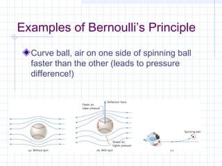 Examples of Bernoulli’s Principle
Curve ball, air on one side of spinning ball
faster than the other (leads to pressure
difference!)
 