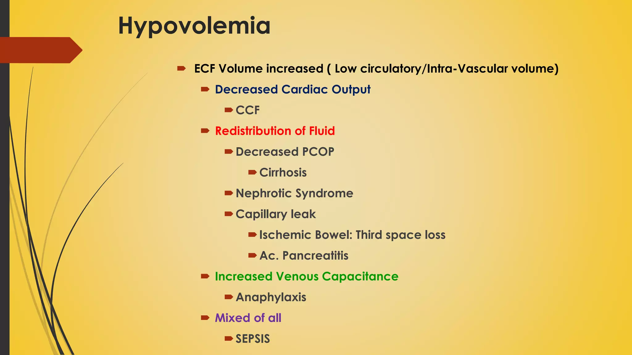 Hypovolemia
 ECF Volume increased ( Low circulatory/Intra-Vascular volume)
 Decreased Cardiac Output
CCF
 Redistribution of Fluid
Decreased PCOP
Cirrhosis
Nephrotic Syndrome
Capillary leak
Ischemic Bowel: Third space loss
Ac. Pancreatitis
 Increased Venous Capacitance
Anaphylaxis
 Mixed of all
SEPSIS
 