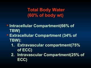 Total Body Water
(60% of body wt)
 Intracellular Compartment(66% of
TBW)
 Extracellular Compartment (34% of
TBW):
1. Extravascular compartment(75%
of ECC)
2. Intravascular Compartment(25% of
ECC)
 