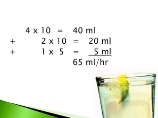 A macrodrip set is used when more exact measurements are needed, such as in pediatric units.FORMULADrip Rate (gtts or mgtts/min) =Total no. of ml       x      Drip Factor Total no. of min.	
