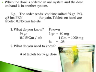 Interpretation of Doctor’s Order for DrugsThe nurse must understand the order perfectly before acting on it > The Drug> The Dose> The Route> The FrequencyIf any of the above are unclear or open for interpretations, it is the Responsibility of the nurse to clarify the order with the physician.