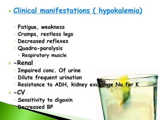Clinical manifestations(Hyponatremia) <135mEq/LCNS changesLethargy, headachesConfusionSeizuresComanausea/vomitingHemiparesisDiarrhea, abdominal crampsPale dry skin
