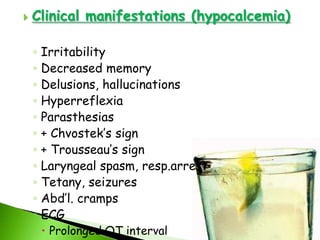 Enzyme action for cellular metabolism  POTASSIUM (K+): 3.5-5.0 mEq/L-80-90% excreted in the GIT in urine-10-20% excreted in by GIT in feces-Poorly stored in the body-Daily intake is essential (40-60mEq/L)-Foods high in K+Green vegetablesDry fruitsNutsMeatCocoa, brewed coffee