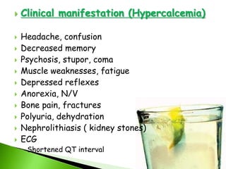 Clinical manifestations ( hypokalemia)Fatigue, weaknessCramps, restless legsDecreased reflexesQuadra-paralysisRespiratory muscle-RenalImpaired conc. Of urineDilute frequent urinationResistance to ADH, kidney exchange Na for K-CVSensitivity to digoxinDecreased BP