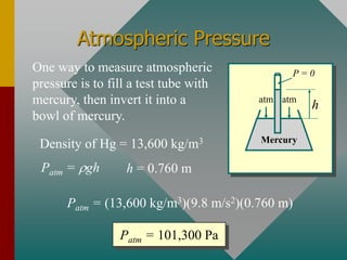 Atmospheric Pressure
atm atm
h
Mercury
P = 0
One way to measure atmospheric
pressure is to fill a test tube with
mercury, then invert it into a
bowl of mercury.
Density of Hg = 13,600 kg/m3
Patm = gh h = 0.760 m
Patm = (13,600 kg/m3)(9.8 m/s2)(0.760 m)
Patm = 101,300 Pa
 