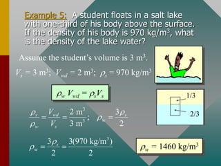 Example 5: A student floats in a salt lake
with one-third of his body above the surface.
If the density of his body is 970 kg/m3, what
is the density of the lake water?
1/3
2/3
Assume the student’s volume is 3 m3.
Vs = 3 m3; Vwd = 2 m3; s = 970 kg/m3
w Vwd = sVs
3
w
3
3
2 m
;
3 m 2
s wd s
w s
V
V
 


= = =
3
w
3 3(970 kg/m )
2 2
s

 = = w = 1460 kg/m3
 