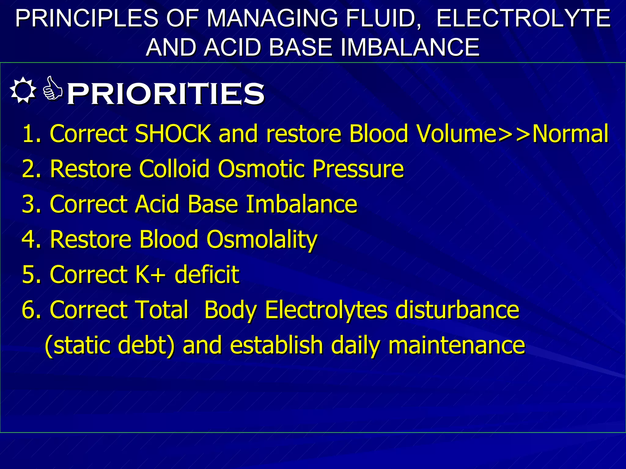 PRINCIPLES OF MANAGING FLUID,  ELECTROLYTE AND ACID BASE IMBALANCE  PRIORITIES 1. Correct SHOCK and restore Blood Volume>>Normal 2. Restore Colloid Osmotic Pressure 3. Correct Acid Base Imbalance 4. Restore Blood Osmolality 5. Correct K+ deficit 6. Correct Total  Body Electrolytes disturbance (static debt) and establish daily maintenance 