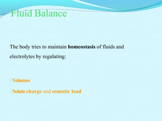 Fluid Balance
The body tries to maintain homeostasis of fluids and
electrolytes by regulating:
Volumes
Solutecharge and osmotic load
 