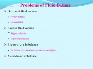 Problems of Fluid Balance
 Deficient fluid volume
 Hypovolemia
 Dehydration
 Excess fluid volume
• Hypervolemia
 Water intoxication
 Electrolyte imbalance
 Deficit or excess of one or more electrolytes
 Acid-base imbalance
 
