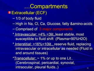 CompartmentsCompartments
Transcellular componentTranscellular component
– 1% of ECF1% of ECF
– Located in joints, connecti...