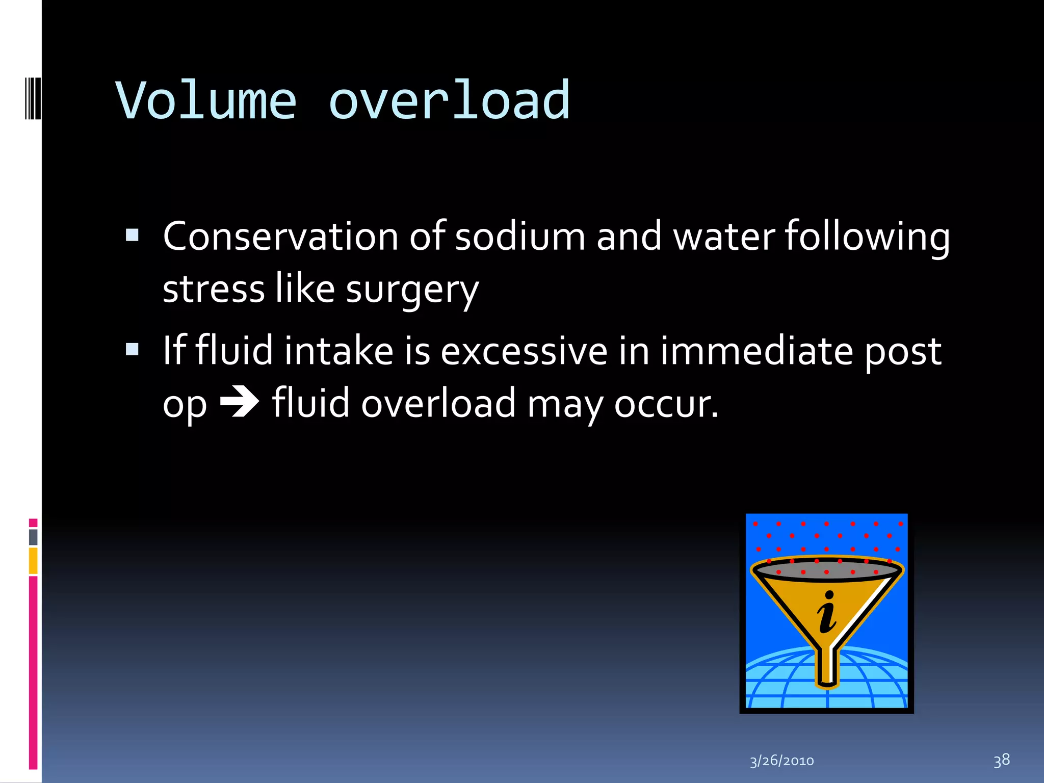 Volume overloadConservation of sodium and water following stress like surgeryIf fluid intake is excessive in immediate post op  fluid overload may occur.10/5/200938