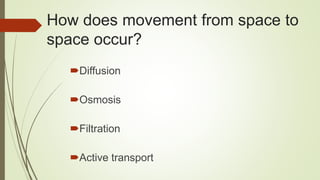 How does movement from space to
space occur?
Diffusion
Osmosis
Filtration
Active transport
 