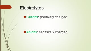 Electrolytes
Cations: positively charged
Anions: negatively charged
 