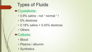 Types of Fluids
Crystalloids:
• 0.9% saline - not “ normal “ !
• 5% dextrose
• 0.18% saline + 0.45% dextrose
• Others
Colloids:
• Blood
• Plasma / albumin
• Synthetics
 