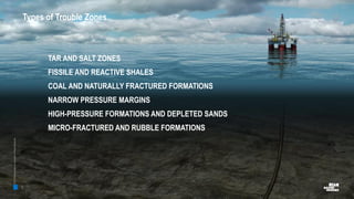 1
©2016BakerHughesIncorporated.AllRightsReserved.
Types of Trouble Zones
TAR AND SALT ZONES
FISSILE AND REACTIVE SHALES
COAL AND NATURALLY FRACTURED FORMATIONS
NARROW PRESSURE MARGINS
HIGH-PRESSURE FORMATIONS AND DEPLETED SANDS
MICRO-FRACTURED AND RUBBLE FORMATIONS
1
©2016BakerHughesIncorporated.AllRightsReserved.
 