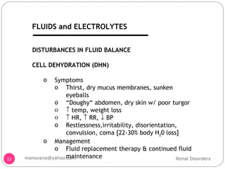 DISTURBANCES IN FLUID BALANCE CELL DEHYDRATION (DHN) Symptoms Thirst, dry mucus membranes, sunken eyeballs “ Doughy“ abdomen, dry skin w/ poor turgor    temp, weight loss    HR,    RR,    BP Restlessness,irritability, disorientation, convulsion, coma [22-30% body H 2 0 loss] Management Fluid replacement therapy & continued fluid maintenance Renal Disorders [email_address] FLUIDS and ELECTROLYTES 
