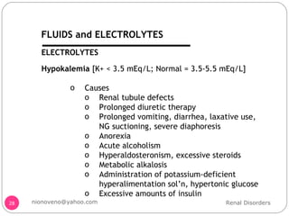 Hypokalemia  [K+ < 3.5 mEq/L; Normal = 3.5-5.5 mEq/L] Causes Renal tubule defects Prolonged diuretic therapy  Prolonged vomiting, diarrhea, laxative use, NG suctioning, severe diaphoresis Anorexia Acute alcoholism Hyperaldosteronism, excessive steroids  Metabolic alkalosis Administration of potassium-deficient hyperalimentation sol’n, hypertonic glucose Excessive amounts of insulin ELECTROLYTES Renal Disorders [email_address] FLUIDS and ELECTROLYTES 
