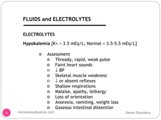 Hypokalemia  [K+ < 3.5 mEq/L; Normal = 3.5-5.5 mEq/L] Assessment Thready, rapid, weak pulse Faint heart sounds    BP Skeletal muscle weakness    or absent reflexes Shallow respirations Malaise, apathy, lethargy Loss of orientation Anorexia, vomiting, weight loss Gaseous intestinal distention ELECTROLYTES Renal Disorders [email_address] FLUIDS and ELECTROLYTES 