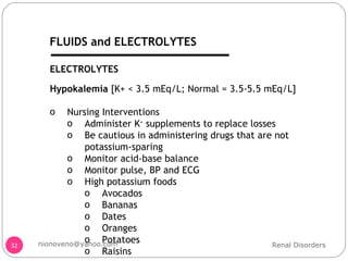 Hypokalemia  [K+ < 3.5 mEq/L; Normal = 3.5-5.5 mEq/L] Nursing Interventions Administer K +  supplements to replace losses Be cautious in administering drugs that are not potassium-sparing Monitor acid-base balance Monitor pulse, BP and ECG High potassium foods Avocados Bananas Dates Oranges Potatoes Raisins  ELECTROLYTES Renal Disorders [email_address] FLUIDS and ELECTROLYTES 