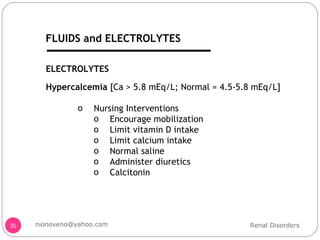 Hypercalcemia  [Ca > 5.8 mEq/L; Normal = 4.5-5.8 mEq/L] Nursing Interventions Encourage mobilization Limit vitamin D intake Limit calcium intake Normal saline Administer diuretics Calcitonin  ELECTROLYTES Renal Disorders [email_address] FLUIDS and ELECTROLYTES 