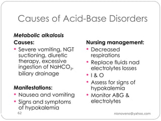 Causes of Acid-Base Disorders Metabolic alkalosis Causes: Severe vomiting, NGT suctioning, diuretic therapy, excessive ingestion of NaHCO 3 , biliary drainage Manifestations: Nausea and vomiting Signs and symptoms of hypokalemia Nursing management: Decreased respirations Replace fluids nad electrolytes losses I & O Assess for signs of hypokalemia Monitor ABG & electrolytes Renal Disorders [email_address] 