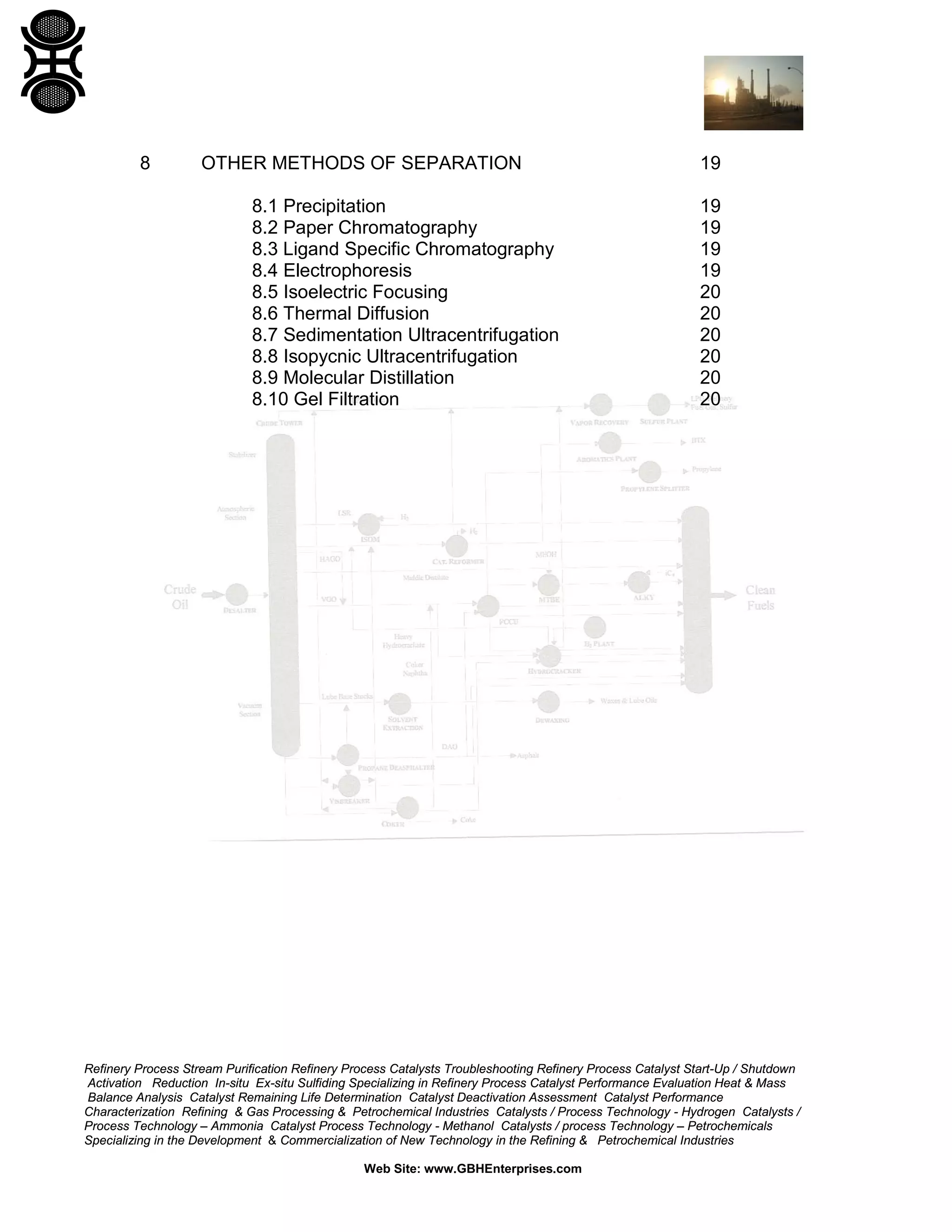 8

OTHER METHODS OF SEPARATION
8.1 Precipitation
8.2 Paper Chromatography
8.3 Ligand Specific Chromatography
8.4 Electrophoresis
8.5 Isoelectric Focusing
8.6 Thermal Diffusion
8.7 Sedimentation Ultracentrifugation
8.8 Isopycnic Ultracentrifugation
8.9 Molecular Distillation
8.10 Gel Filtration

19
19
19
19
19
20
20
20
20
20
20

Refinery Process Stream Purification Refinery Process Catalysts Troubleshooting Refinery Process Catalyst Start-Up / Shutdown
Activation Reduction In-situ Ex-situ Sulfiding Specializing in Refinery Process Catalyst Performance Evaluation Heat & Mass
Balance Analysis Catalyst Remaining Life Determination Catalyst Deactivation Assessment Catalyst Performance
Characterization Refining & Gas Processing & Petrochemical Industries Catalysts / Process Technology - Hydrogen Catalysts /
Process Technology – Ammonia Catalyst Process Technology - Methanol Catalysts / process Technology – Petrochemicals
Specializing in the Development & Commercialization of New Technology in the Refining & Petrochemical Industries
Web Site: www.GBHEnterprises.com

 