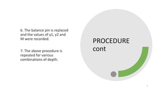 PROCEDURE
cont
6. The balance pin is replaced
and the values of y1, y2 and
M were recorded.
7. The above procedure is
repeated for various
combinations of depth.
9
 