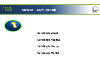 Inovação … Acessibilidade
           Inovação … Acessibilidade




                      Deficiência Visual

                      Deficiência Auditiva

                      Deficiência Motora

                      Deficiência Mental
 