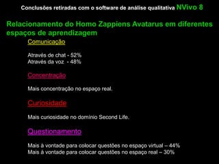 Conclusões retiradas com o software de análise qualitativa NVivo   8

Relacionamento do Homo Zappiens Avatarus em diferentes
espaços de aprendizagem
     Comunicação

     Através de chat - 52%
     Através da voz - 48%

     Concentração

     Mais concentração no espaço real.

     Curiosidade
     Mais curiosidade no domínio Second Life.

     Questionamento
     Mais à vontade para colocar questões no espaço virtual – 44%
     Mais à vontade para colocar questões no espaço real – 30%
 