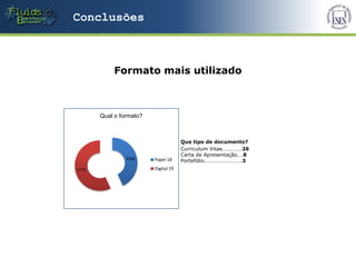 Conclusões



          Formato mais utilizado



      Qual o formato?



                                     Que tipo de documento?
                                     Curriculum Vitae…………..26
                                     Carta de Apresentação….8
               43%      Papel 18     Portefólio……………………….3
57%                     Digital 19
 