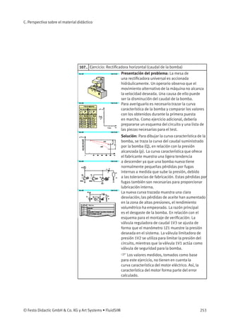 C. Perspectiva sobre el material didáctico




                                 107.. Ejercicio: Rectiﬁcadora horizontal (caudal de la bomba)
                                                          Presentación del problema: La mesa de
                                                          una rectiﬁcadora universal es accionada
                                                          hidráulicamente. Un operario observa que el
                                                          movimiento alternativo de la máquina no alcanza
                                                          la velocidad deseada. Una causa de ello puede
                                                          ser la disminución del caudal de la bomba.
                                                          Para averiguarlo es necesario trazar la curva
                                                          característica de la bomba y comparar los valores
                                                          con los obtenidos durante la primera puesta
                                                          en marcha. Como ejercicio adicional, debería
                                                          prepararse un esquema del circuito y una lista de
                                                          las piezas necesarias para el test.
                                                          Solución: Para dibujar la curva característica de la
                                                          bomba, se traza la curva del caudal suministrado
                                                          por la bomba (Q), en relación con la presión
                                                          alcanzada (p). La curva característica que ofrece
                                                          el fabricante muestra una ligera tendencia
                                                          a descender ya que una bomba nueva tiene
                                                          normalmente pequeñas pérdidas por fugas
                                                          internas a medida que sube la presión, debido
                                                          a las tolerancias de fabricación. Estas pérdidas por
                                                          fugas también son necesarias para proporcionar
                                                          lubricación interna.
                                                          La nueva curva trazada muestra una clara
                                                          desviación; las pérdidas de aceite han aumentado
                                                          en la zona de altas presiones, el rendimiento
                                                          volumétrico ha empeorado. La razón principal
                                                          es el desgaste de la bomba. En relación con el
                                                          esquema para el montaje de veriﬁcación: La
                                                          válvula reguladora de caudal 1V3 se ajusta de
                                                          forma que el manómetro 1Z1 muestre la presión
                                                          deseada en el sistema. La válvula limitadora de
                                                          presión 1V2 se utiliza para limitar la presión del
                                                          circuito, mientras que la válvula 1V1 actúa como
                                                          válvula de seguridad para la bomba.
                                                           Los valores medidos, tomados como base
                                                          para este ejercicio, no tienen en cuenta la
                                                          curva característica del motor eléctrico. Así, la
                                                          característica del motor forma parte del error
                                                          calculado.




© Festo Didactic GmbH  Co. KG y Art Systems • FluidSIM                                                       253
 