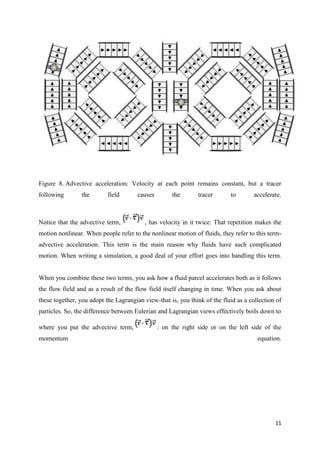 11
Figure 8. Advective acceleration: Velocity at each point remains constant, but a tracer
following the field causes the tracer to accelerate.
Notice that the advective term, , has velocity in it twice: That repetition makes the
motion nonlinear. When people refer to the nonlinear motion of fluids, they refer to this term-
advective acceleration. This term is the main reason why fluids have such complicated
motion. When writing a simulation, a good deal of your effort goes into handling this term.
When you combine these two terms, you ask how a fluid parcel accelerates both as it follows
the flow field and as a result of the flow field itself changing in time. When you ask about
these together, you adopt the Lagrangian view-that is, you think of the fluid as a collection of
particles. So, the difference between Eulerian and Lagrangian views effectively boils down to
where you put the advective term, : on the right side or on the left side of the
momentum equation.
 