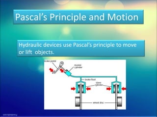 Pascal’s Principle and Motion
Hydraulic devices use Pascal’s principle to move
or lift objects.

 